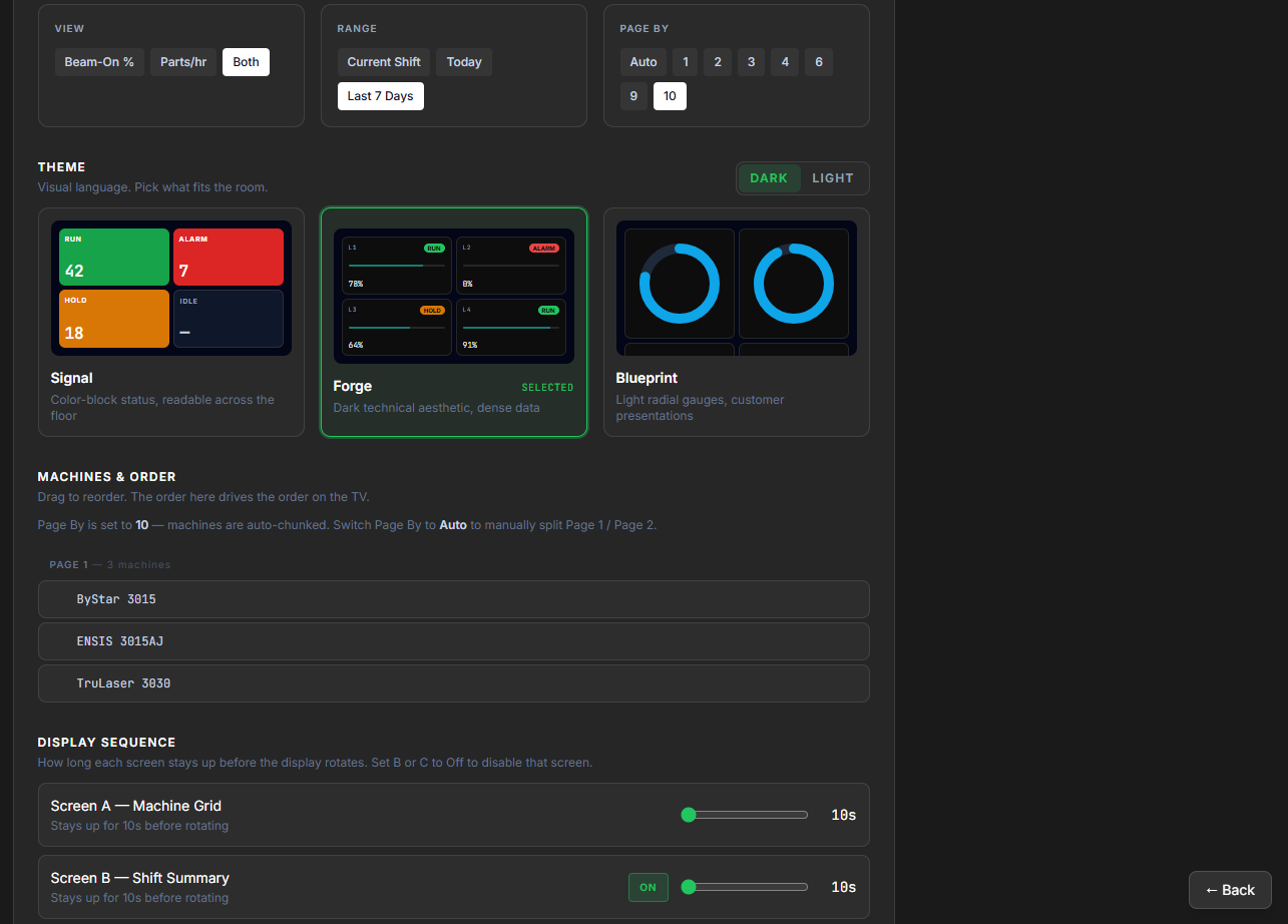 Display settings — theme picker, machines & order, display sequence