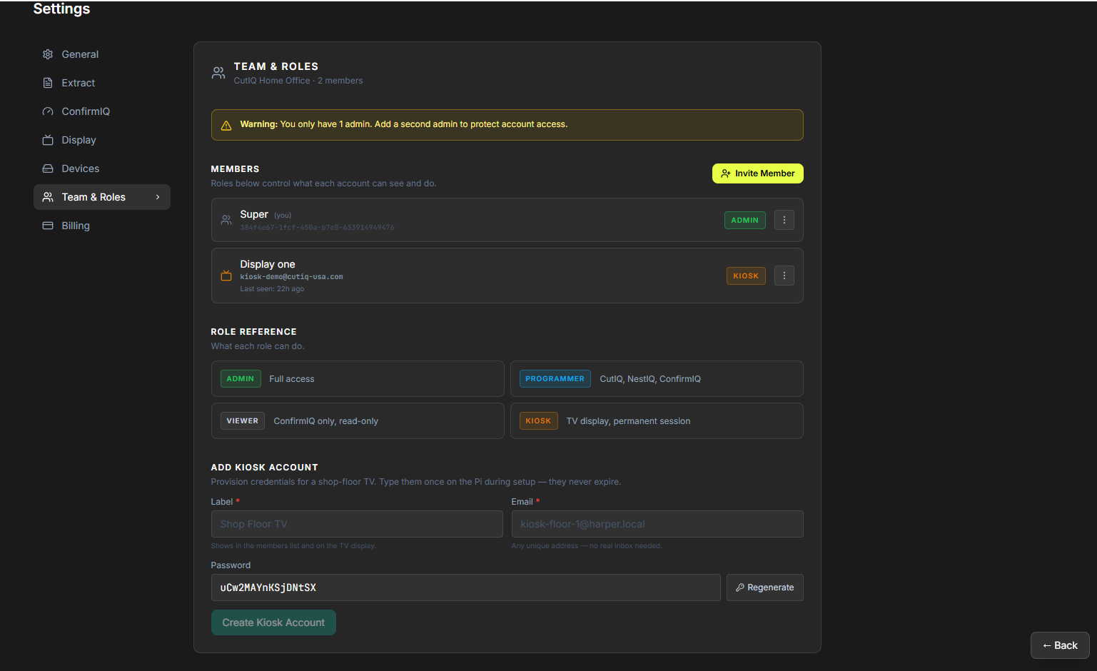 Team & Roles settings — admin, programmer, viewer, kiosk accounts