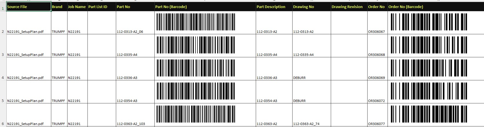 Excel barcode export — part numbers and order numbers rendered as scannable barcodes