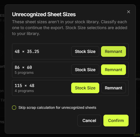Unrecognized sheet sizes — classify as stock or remnant