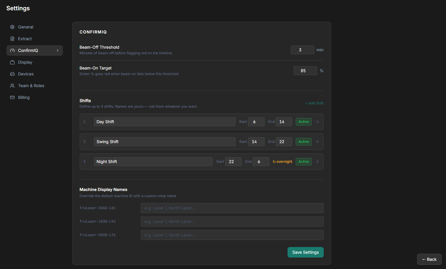 ConfirmIQ settings — shifts, beam-on target, beam-off threshold, machine display names