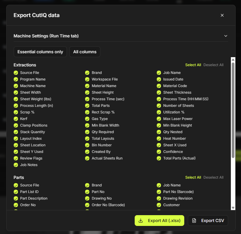 Export CutIQ data modal — column picker, essential vs all columns