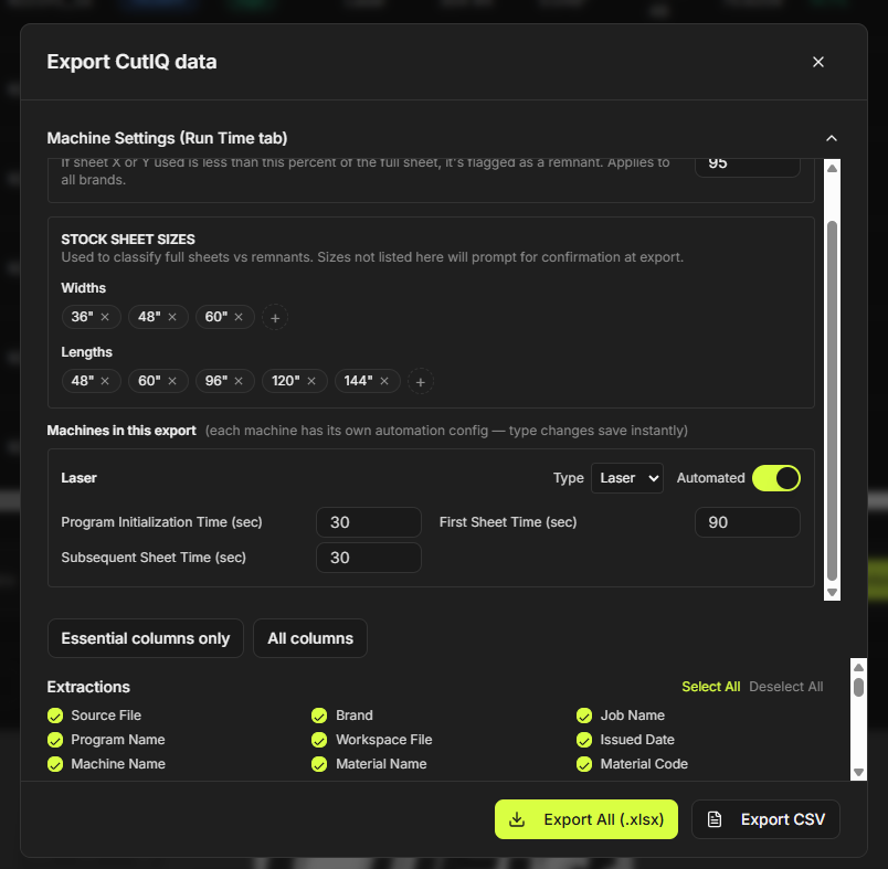 Export modal — stock sheet sizes and per-machine automation config